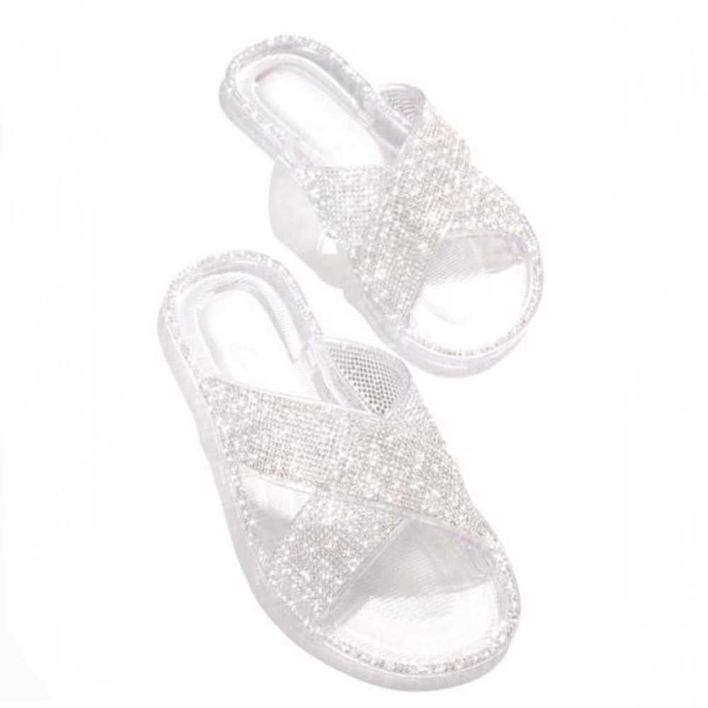 NEWEmbellished Criss Cross Jelly Slides in Clear - Picture 2 of 7